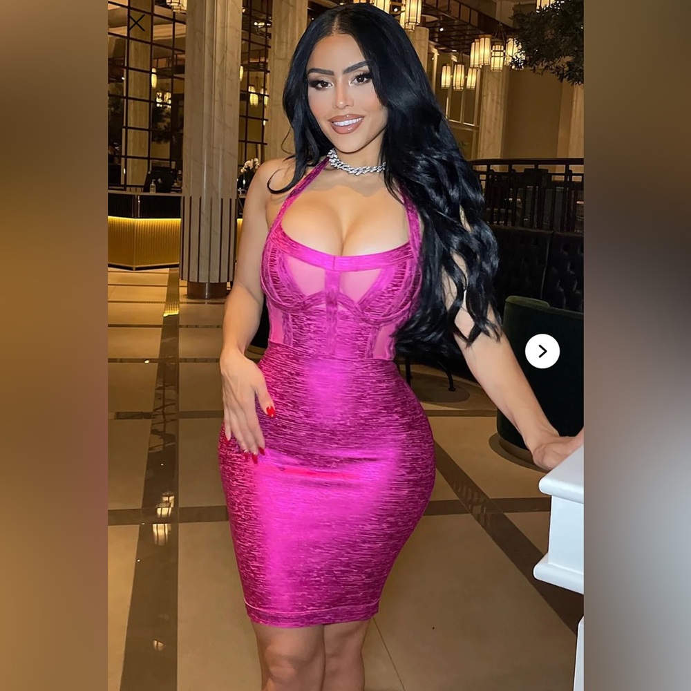 Fuschia Pink Metallic Bandage Dress